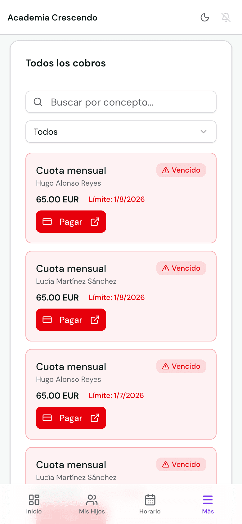 Cobros y recibos en el portal de familias