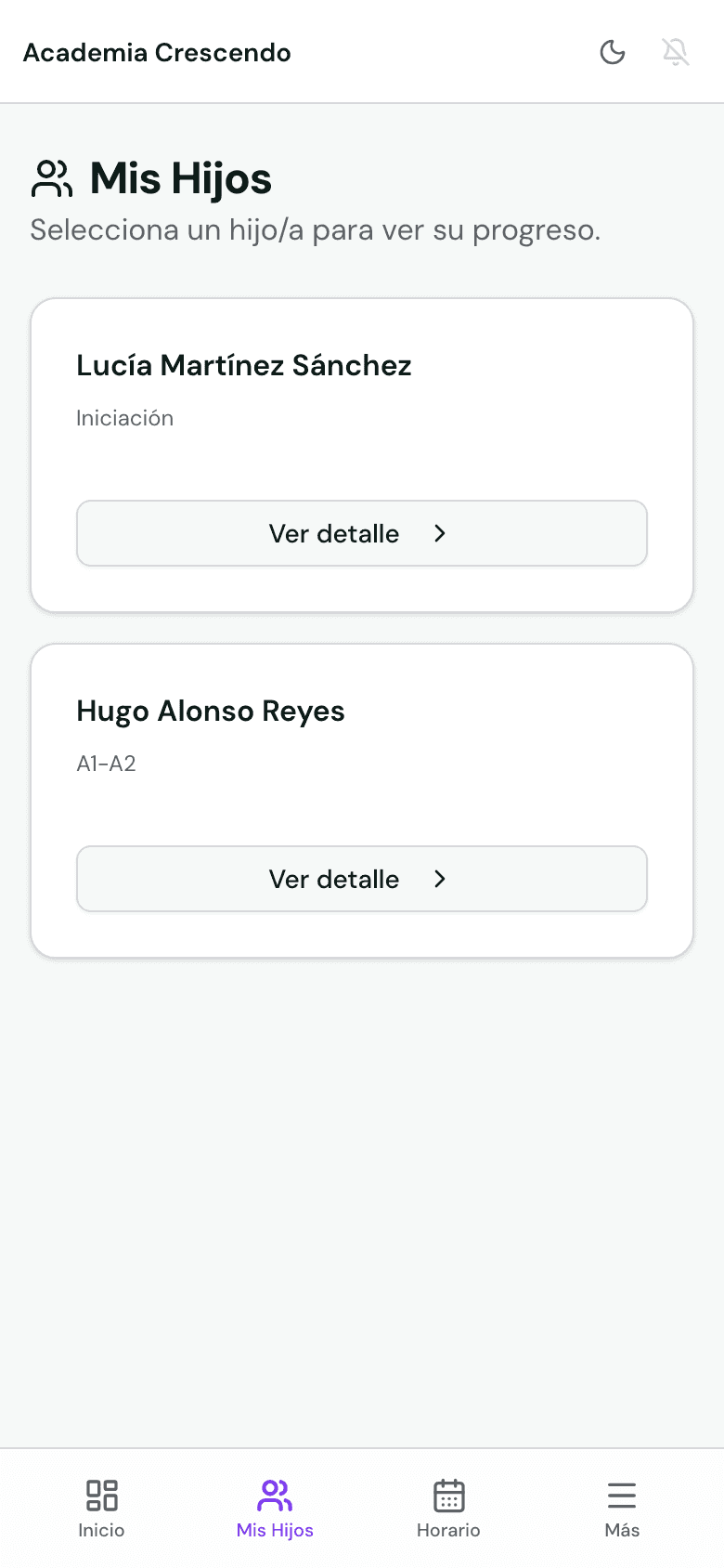Lista de hijos en el portal de familias